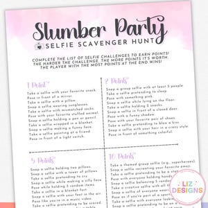 Slumber Party Selfie Scavenger Hunt Game, Teen Birthday Party Games, Printable Fun Slumber Party Games for Tweens, Sleepover Activity