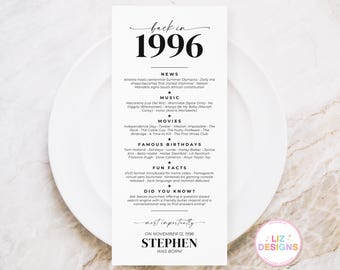Platzkarten für 30 Geburtstag, personalisiert Geburtstag 1996 Geburtstag Party Dekoration und Gastgeschenk, benutzerdefinierte 1996 Geburtstag Tischdekoration zum ausdrucken