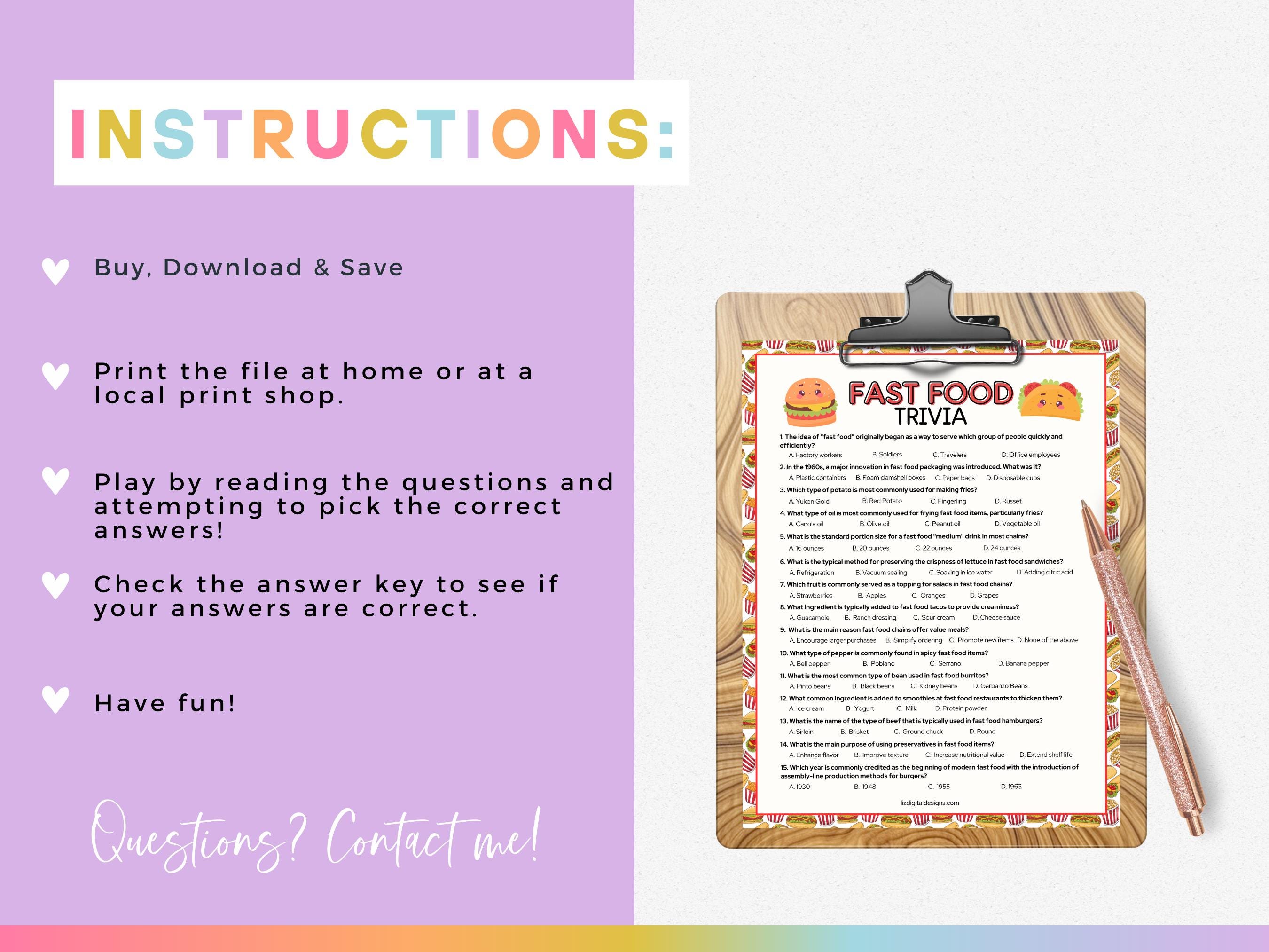 Fast Food Trivia, Printable Trivia for Family Game Night, Food Theme ...