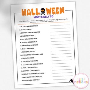 Stampabile Halloween Chi è più propenso al gioco, divertenti giochi di gruppo per feste di Halloween, serata di giochi in famiglia, festa di Halloween in ufficio, gioco rompighiaccio