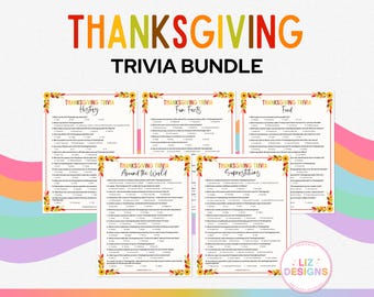 Puede incluir: Un paquete de trivia de Acción de Gracias con seis hojas de trivia temáticas diferentes. El título "THANKSGIVING TRIVIA BUNDLE" está en letras grandes y coloridas. Cada hoja tiene un borde floral e incluye preguntas de trivia sobre historia, datos curiosos, comida, el mundo y supersticiones.