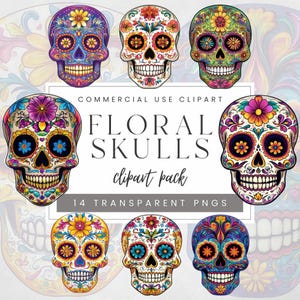 Aquarell Blumenschädel Clipart-Bundle, Mexikanische Zuckerschädel PNG, Dia de los Muertos Sugar Skulls Grafiken, Tag der Toten Clip Art