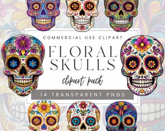 Paquete de imágenes prediseñadas de calaveras florales de acuarela, calavera de azúcar mexicana PNG, gráficos de calaveras de azúcar del Día de los Muertos, imágenes prediseñadas del Día de los Muertos