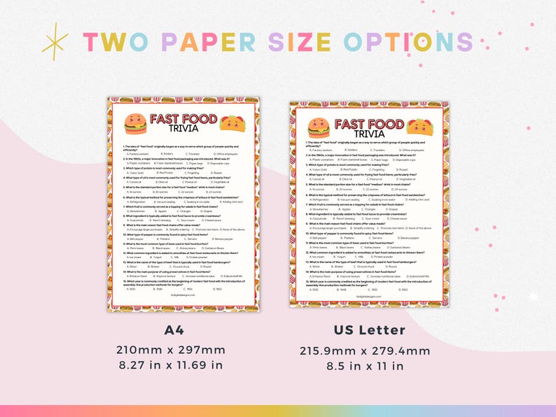 Fast Food Trivia, Printable Trivia for Family Game Night, Food Theme ...