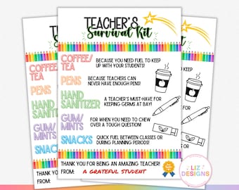 Lehrer Survival Kit Tag, druckbarer Geschenkanhänger für Lehrer, Dankeskarte für Lehrer, Geschenk für Lehrer, PTO PTA, Geschenke für Erzieher