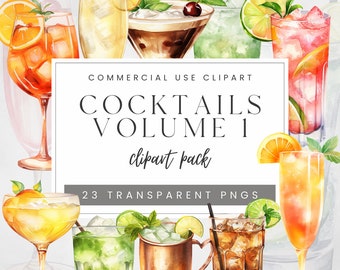 Watercolor Cocktail Clipart Commercial Use, Beverage Clip Art, Alcohol Drinks PNG, Signature Cocktails, Summer Drinks, Wedding Bar Menu