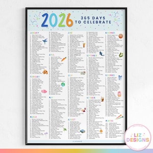 2026 National Days Calendar Printable, Content Planner, Theme Days, One Page Calendar, Social Media Ideas, World Days, 365 Days to Celebrate