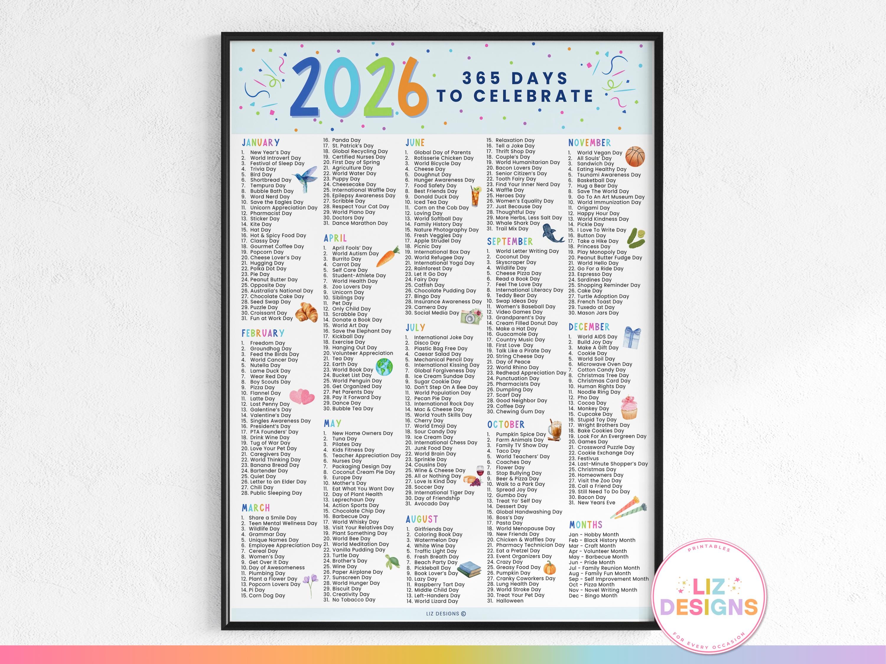 2026 National Days Calendar Printable, Content Planner, Theme Days