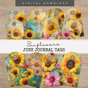 Sunflowers Floral Tags, Junk Journal Supplies, Paper Crafts, Collage Sheets, Vintage Sunflowers Ephemera, Printable Junk Journal Kit