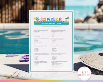 Juego de trivia de verano, juego de fiesta de verano, juego de trivia divertido, concurso de verano imprimible, juegos de fiesta en la piscina, juegos para adultos, juego de reunión familiar