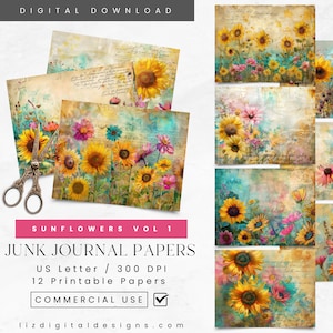 Sunflower Junk Journal Pages, Collage Sheet, Vintage Yellow Botanical Printable Junk Journal Supplies, Mixed Media Paper Craft, Scrapbooking