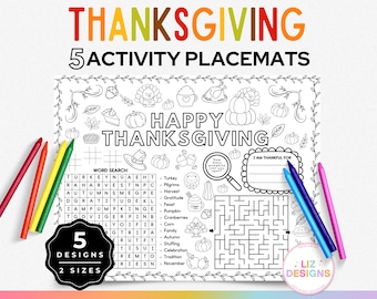 May include: Black and white printable Thanksgiving activity placemats with a word search, maze, and "I am thankful for" section. The placemats feature a variety of Thanksgiving-themed illustrations, including turkeys, pumpkins, and cornucopias. The text "Happy Thanksgiving" is featured at the top of the placemat.