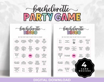 May include: A printable bachelorette party game bingo card with a pink, yellow, and blue color scheme. The card has 25 squares with different activities to complete, such as "Get a stranger to give the bride a marriage tip" and "Take a group photo with the bride". The card also includes the text "Bachelorette Bingo" and "Be the first one to get five in a row!"