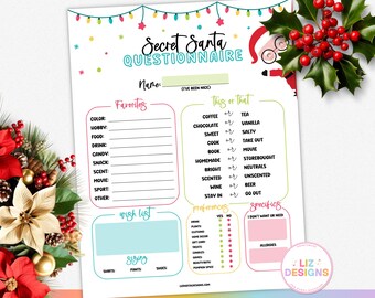 Secret Santa Questionnaire, Gift Exchange Form, Work Secret Santa Survey, Holiday Party, Printable Christmas Wish List