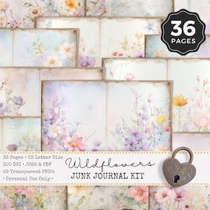 Watercolor Wildflowers Junk Journal Printable Pages, Flowers Junk Journal Kit, Art Journal Paper Digital Collage Sheet, Scrapbook Pages