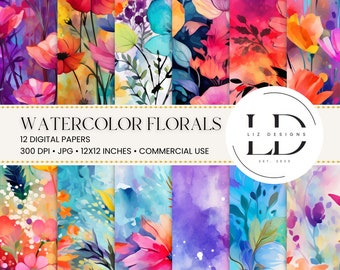 Watercolor Wildflowers Florals Digital Paper Set, Watercolor Flower Backgrounds, Digital Scrapbook Papers, Printable Papers, Floral Leaves