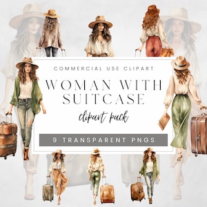 Clipart de garota de viagem em aquarela, clipart de mulher com mala, download instantâneo de férias de verão, uso comercial de viagens Cottagecore