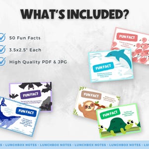 Op de afbeelding: Een set van 50 afdrukbare fun fact-kaarten met verschillende dieren. De kaarten zijn 8,9 cm bij 6,4 cm en zijn beschikbaar in hoge kwaliteit PDF- en JPG-formaten. De tekst op de kaarten luidt "Fun Fact".