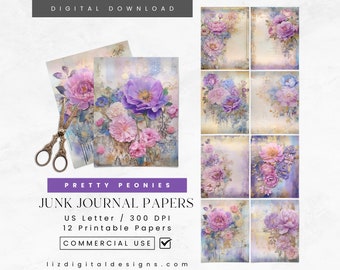 Papiers vintage pivoine indésirable, journal floral imprimable, scrapbooking pivoines roses violettes, papiers numériques pivoines roses, feuilles de collage