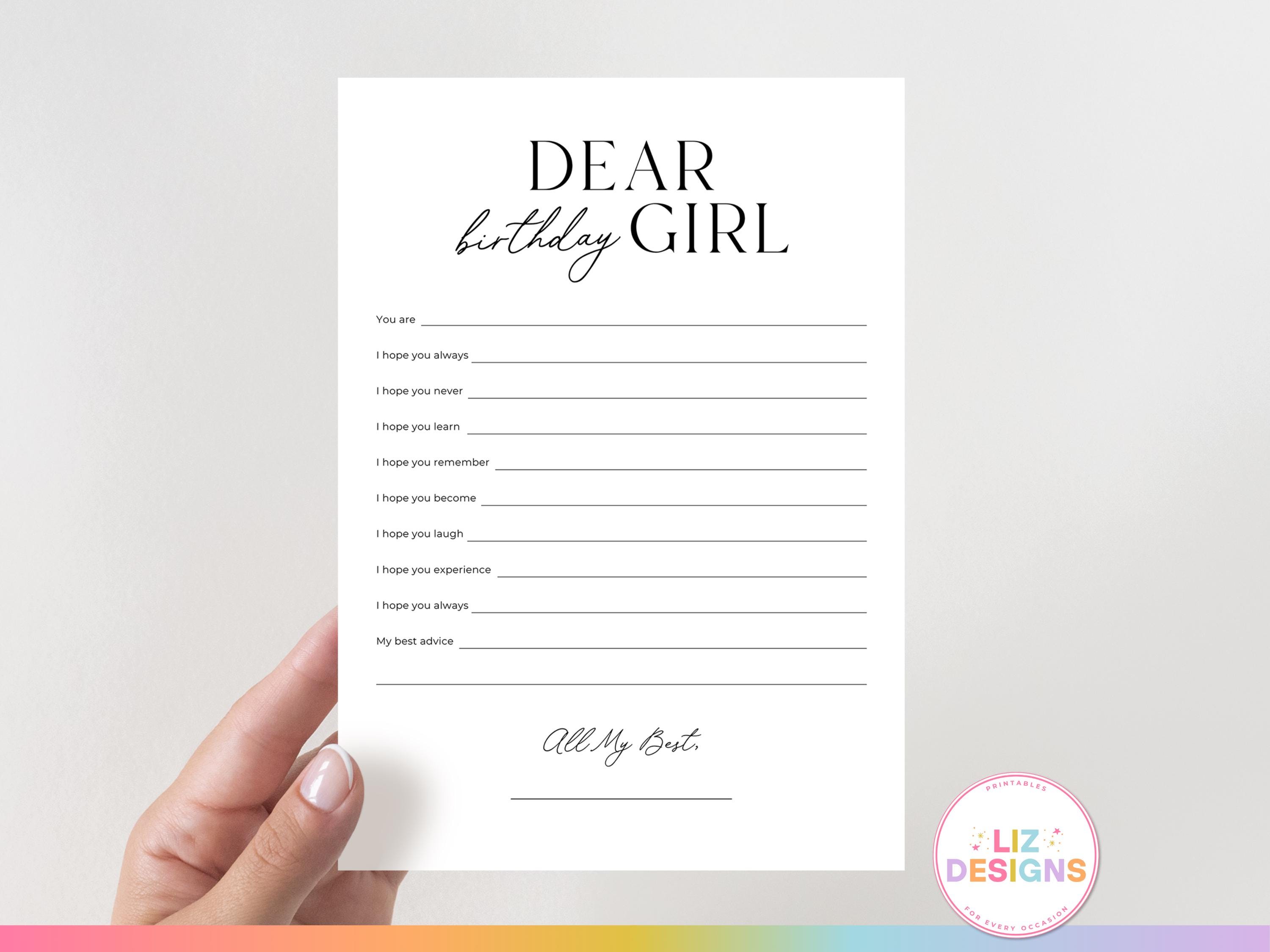 Dear Birthday Girl Printable, Birthday Party Wishes & Advice Card, Share A Memory Card, Birthday Girl Gift, Words of Love, Special Memories