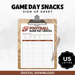Football Game Day Snack Schedule Sign Up Sheet, Printable Football Sports Tournament Snack Schedule Sheet, Gameday Snacks Template