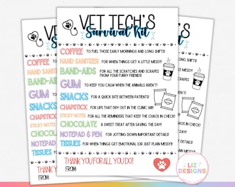 Printable Vet Tech Survival Kit Gift Tag, Veterinary Tech Week Appreciation, Animal Hospital Staff Favor Tag, Animal Doctor Thank You Gift