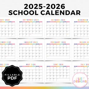 2025-2026 School Year Calendar, Printable Editable Monthly Academic Calendar for Teachers, Homeschool, Students, Yearly School Kids Calendar