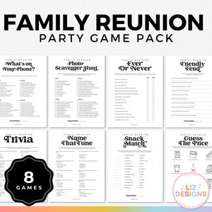 8 Family Reunion Games, Printable Fun Reunion Activities, Icebreakers, Trivia, Family Reunion Bingo, Party Game Bundle, Ever or Never