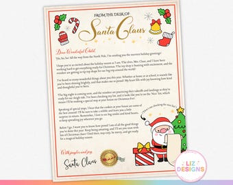 Könnte beinhalten: Ein festlicher Brief vom Weihnachtsmann mit festlichen Illustrationen, darunter eine Zuckerstange und ein Weihnachtsbaum. Der Brief, adressiert an ein Kind, enthält ein goldenes Siegel und den Text "From the Desk of Santa Claus".