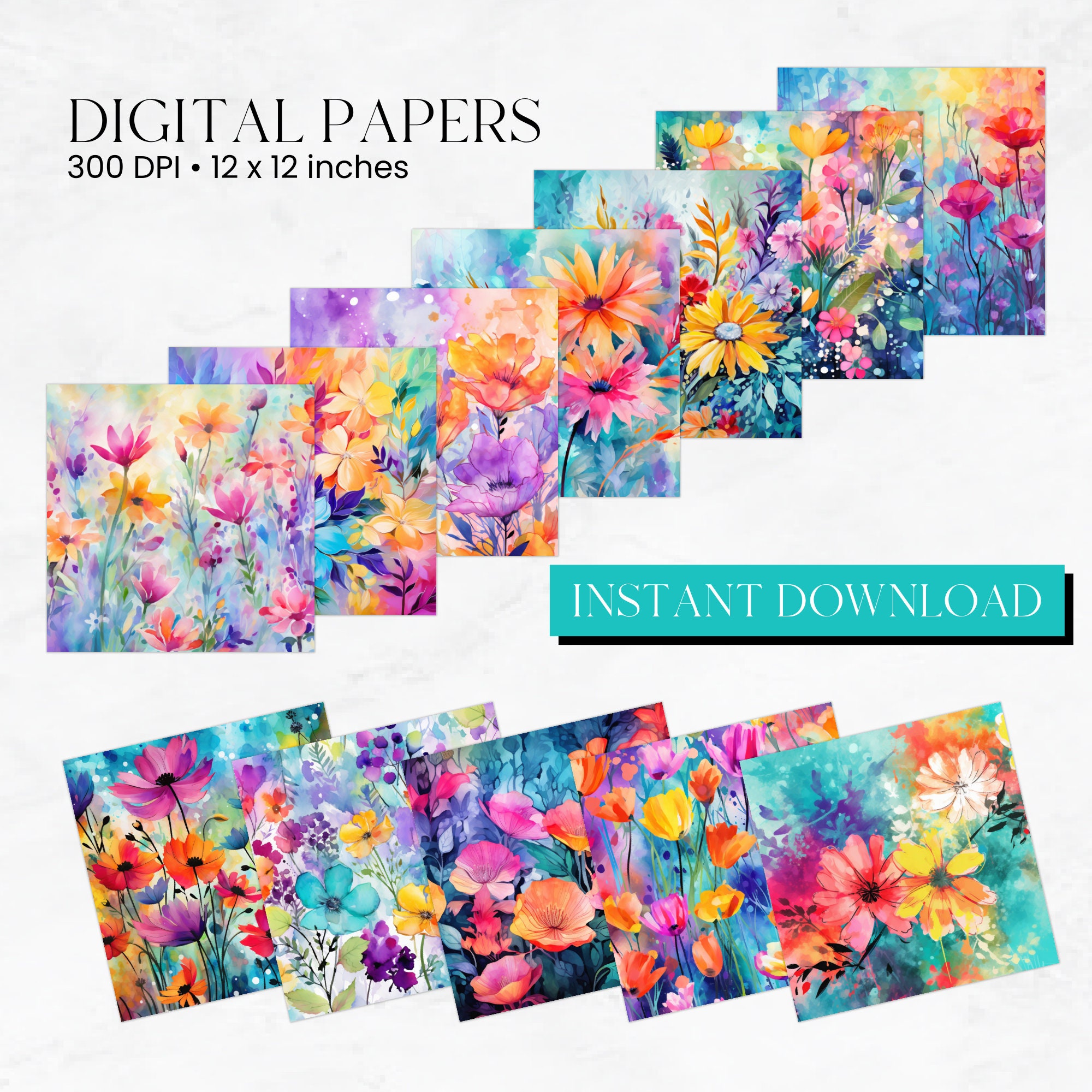 Watercolor Wildflowers Florals Digital Paper Set, Watercolor Flower ...