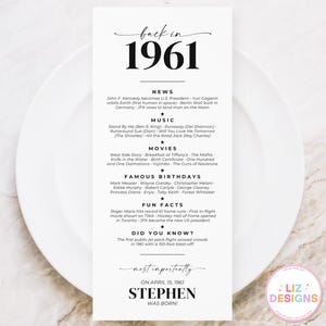 Puede incluir: Una tarjeta blanca con texto negro, que enumera eventos de 1961, incluyendo noticias, música, películas y cumpleaños. La tarjeta dice "back in 1961" e incluye el nombre "Stephen" y la fecha "15 de abril de 1961".
