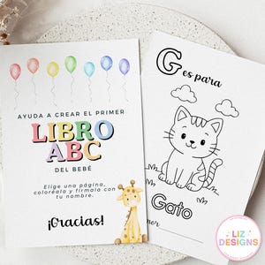 Può includere: Una pagina da colorare stampabile con un gatto dei cartoni animati e la lettera G. Il testo recita "G è per Gato". La pagina fa parte di un set più ampio per aiutare a creare un libro ABC personalizzato.