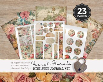Vintage French Florals Junk Journal Kit, Digital Collage Sheet, Scrapbook and Art Journal Supplies, Printable Flower Paper Crafts