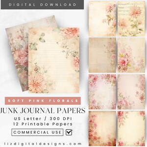 Digital Junk Journal Scrapbook Papers | Vintage Pink Flowers Journal Printable Kit | Ephemera Digital Journaling Papers  | Commercial Use