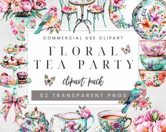 Floral Tea Party Clipart, Watercolor Teacups Clip Art, Afternoon Garden Tea Party PNG, Vintage Graphics for Invitations, Teapot Clipart