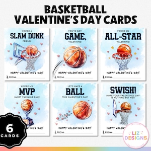 6 jolies cartes de basket-ball pour la Saint-Valentin, cartes de Saint-Valentin imprimables pour enfants à échanger en classe, Saint-Valentin scolaire amusant sur le thème du sport