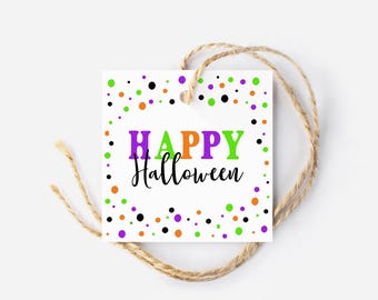 Printable Happy Halloween Gift Tags, Gift Tags for Treat Bags, DIY Kids Halloween Party Favor Tags, Square 2 Inch Goody Bag Party Tag