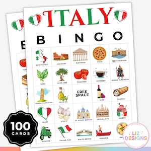 100 cartones de bingo de Italia, juego de bingo de viaje imprimible, actividad de viaje para niños, juego de baby shower italiano, fiesta en el aula, actividad de vacaciones
