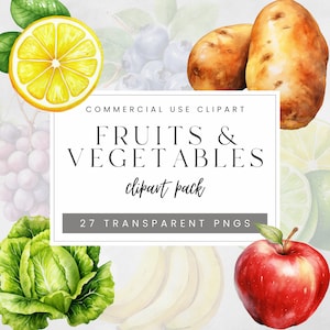 Fruits and Vegetables Clipart, Healthy Food Clip Art, Watercolor Fruits and Veggies, Fruits Digital Graphics, Recipe Book Images, Fruits PNG