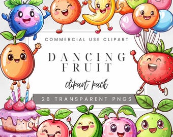 Cute Kawaii Dancing Fruit Clipart, Cute Fruits PNG, Transparent PNG Food Graphics, Summer Strawberry Pineapple Watermelon Clip Art