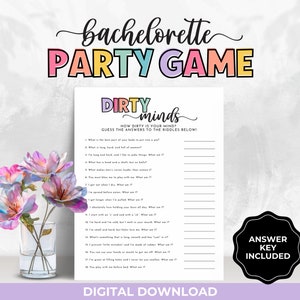 Vrijgezellenfeestspellen Dirty Minds, afdrukbaar vrijgezellenfeest, vuile vrijgezellenweekend grappige raadsels, game-avond dames, grappig bruidsspel