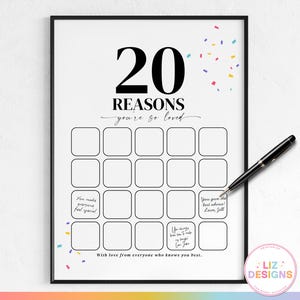 20 Reasons We Love You Printable Birthday Gift, 20th Party Guestbook, Milestone Poster, 20 Things We Love About You, Memories Birthday Sign