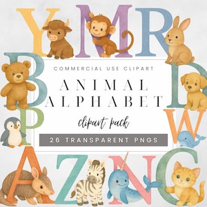 Watercolor Animals Letters PNG, Baby Shower Clipart, Nursery Alphabet Clip Art, Cute Baby Animals, ABC Clipart, Transparent PNGs
