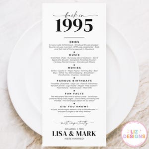 Cartão personalizado para mesa de aniversário de casamento de 1995, decoração de aniversário comemorativo, curiosidades para imprimir, lembrança de curiosidades