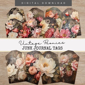 Vintage Peonies Junk Journal Tags, Floral Ephemera Tags, Peony Scrapbooking Supplies, Junk Journal Kit, Shabby Chic Moody Florals