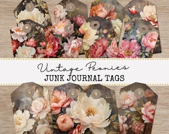 Vintage Peonies Junk Journal Tags, Floral Ephemera Tags, Peony Scrapbooking Supplies, Junk Journal Kit, Shabby Chic Moody Florals