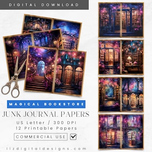 Fantasy Cozy Bookstore Junk Journal Papers, Book Shop Printable, Paper Crafts Scrapbooking, Dark Academia, Printable Collage Sheets