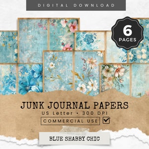 Blaues Blumen Shabby Chic Junk Journal Papiere, druckbares romantisches Scrapbook Papier, Collage Sheets, Blumen Scrapbook Papier, Vintage Ephemera