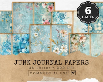 Blue Floral Shabby Chic Junk Journal Papers, Printable Romantic Scrapbook Paper, Collage Sheets, Floral Scrapbook Supplies, Vintage Ephemera
