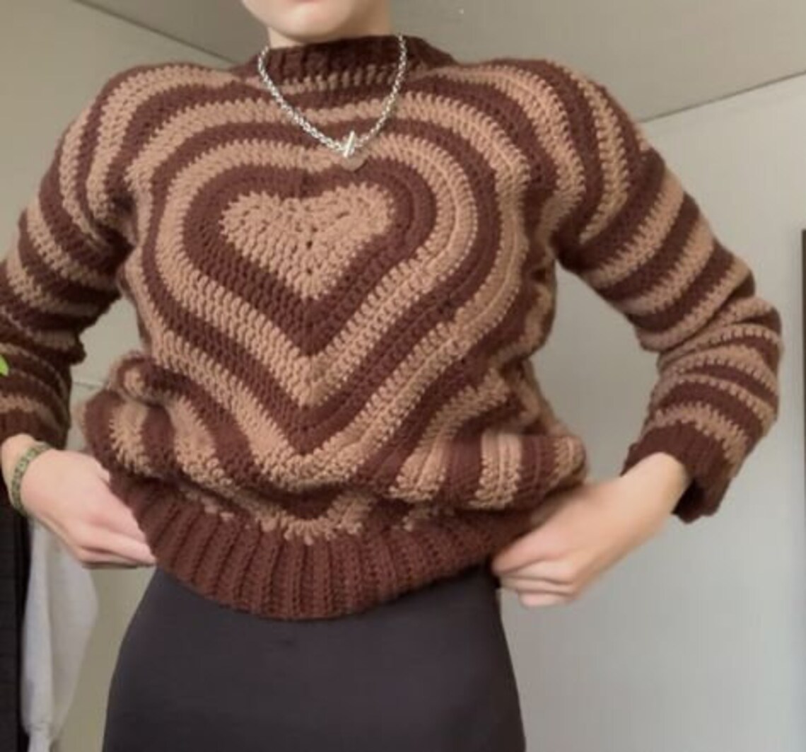Cropped Tattered Sweater with Heart Detail - Brown main image 1